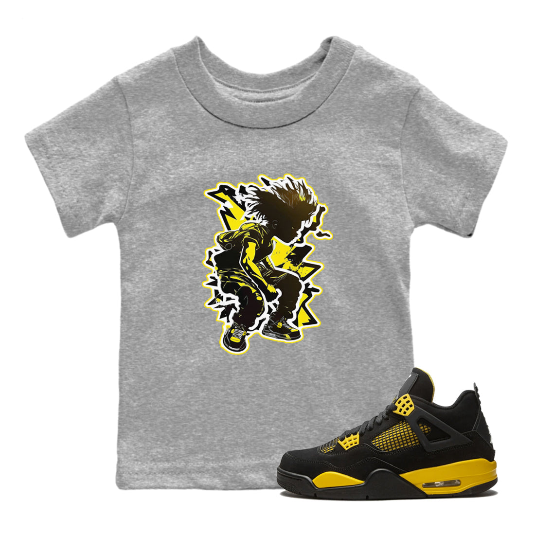 Air Jordan 4 Thunder Sneaker Match Tees Thunder boy Sneaker Tees Yellow AJ4 Thunder Sneaker Release Tees Kids Shirts Heather Grey 1