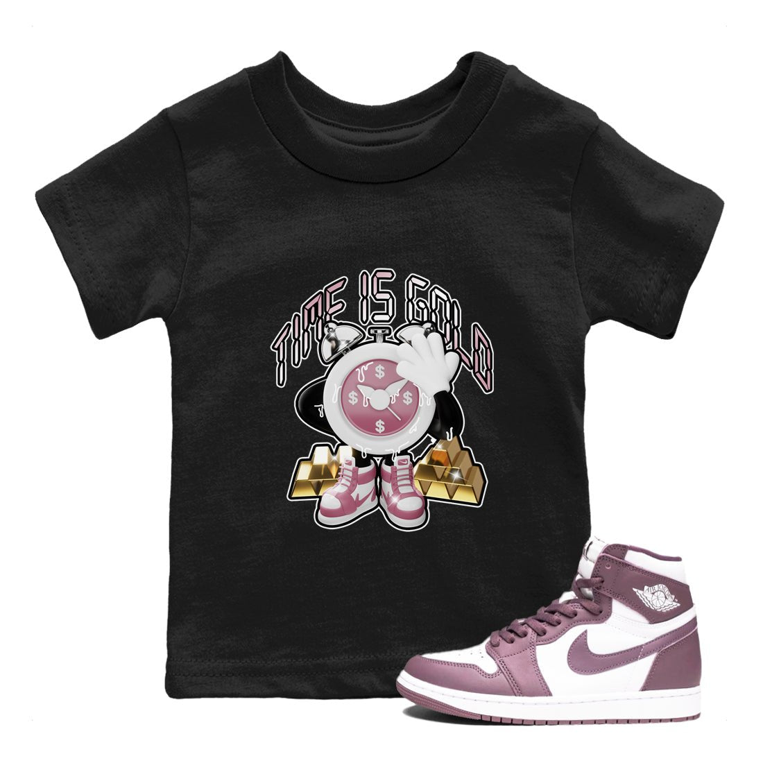 Air Jordan 1 Mauve shirt to match jordans Time Is Gold sneaker tees AJ1Mauve SNRT Sneaker Release Tees Baby Toddler Black 1 T-Shirt