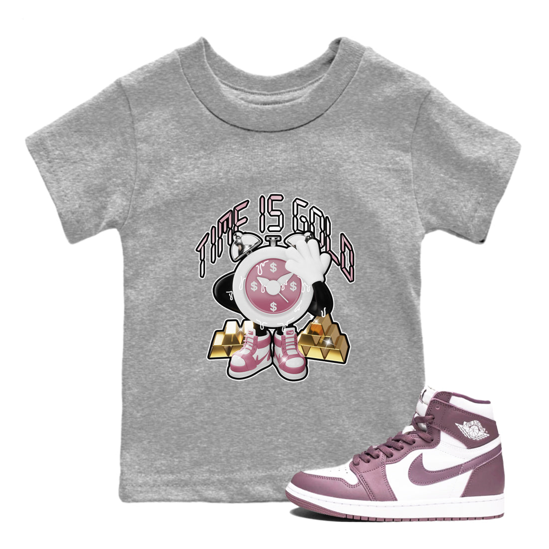 Air Jordan 1 Mauve shirt to match jordans Time Is Gold sneaker tees AJ1Mauve SNRT Sneaker Release Tees Baby Toddler Heather Grey 1 T-Shirt