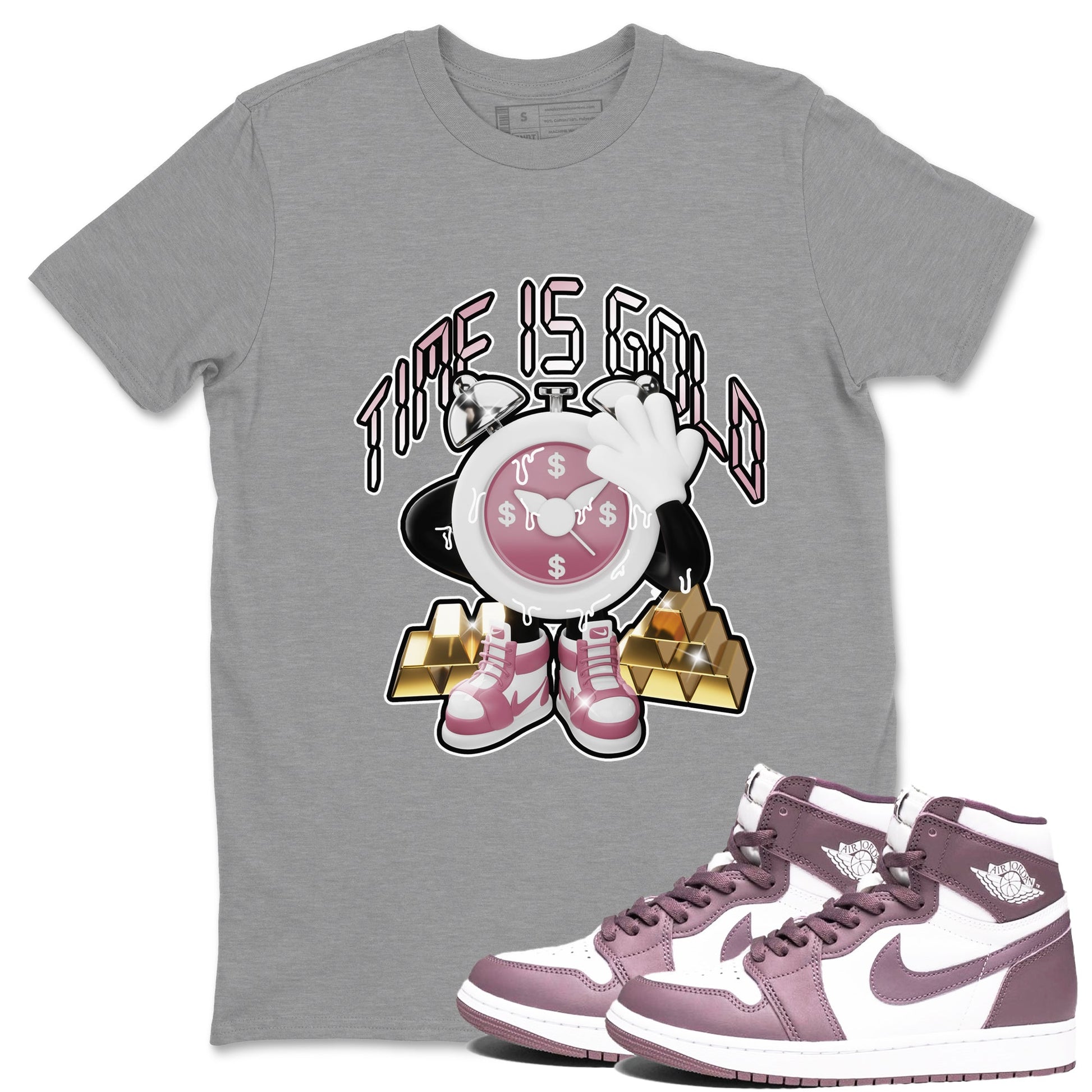 Air Jordan 1 Mauve shirt to match jordans Time Is Gold sneaker tees AJ1Mauve SNRT Sneaker Release Tees Unisex Heather Grey 1 T-Shirt
