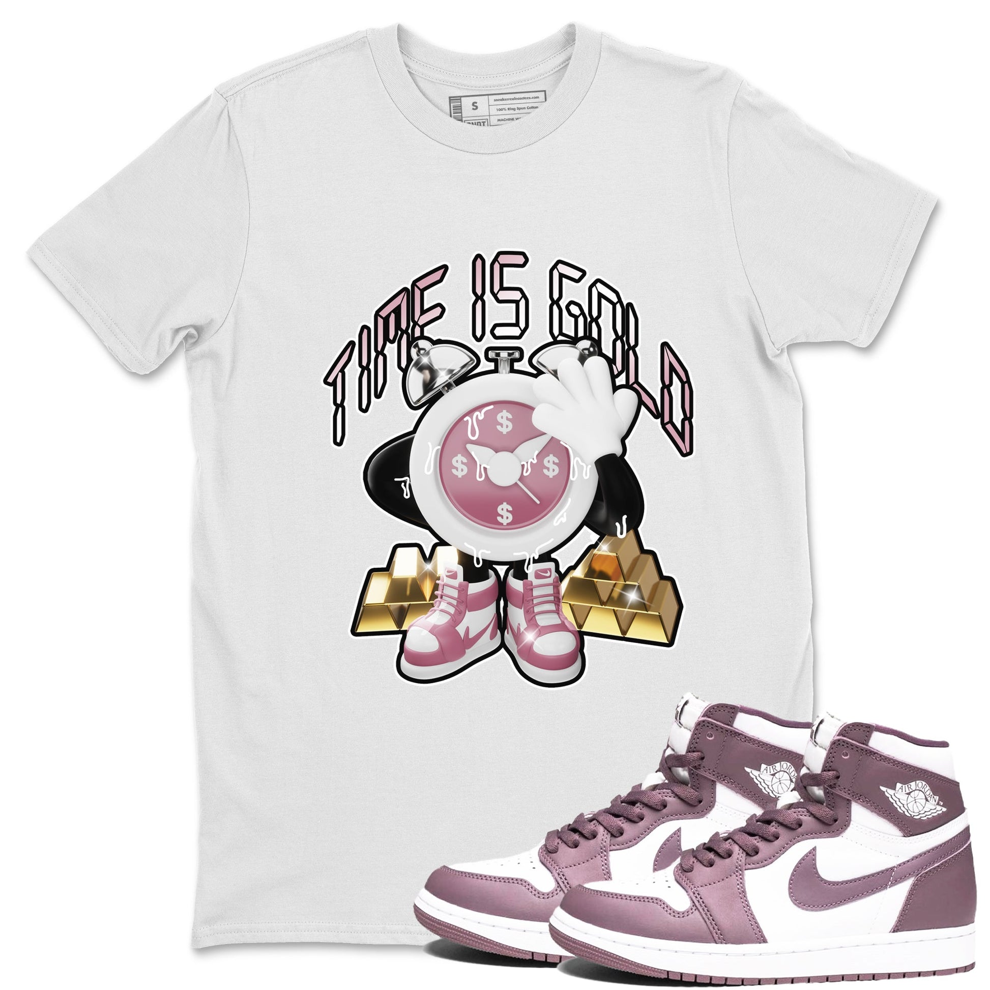 Air Jordan 1 Mauve shirt to match jordans Time Is Gold sneaker tees AJ1Mauve SNRT Sneaker Release Tees Unisex White 1 T-Shirt