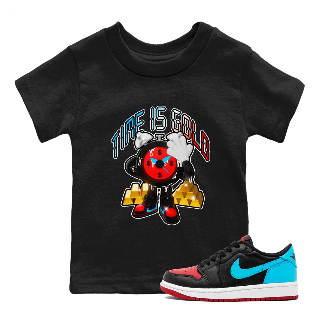 Air Jordan 1 UNC to Chicago shirt to match jordans Time Is Gold sneaker tees AJ1 UNC to Chicago SNRT Sneaker Release Tees Baby Toddler Black 1 T-Shirt