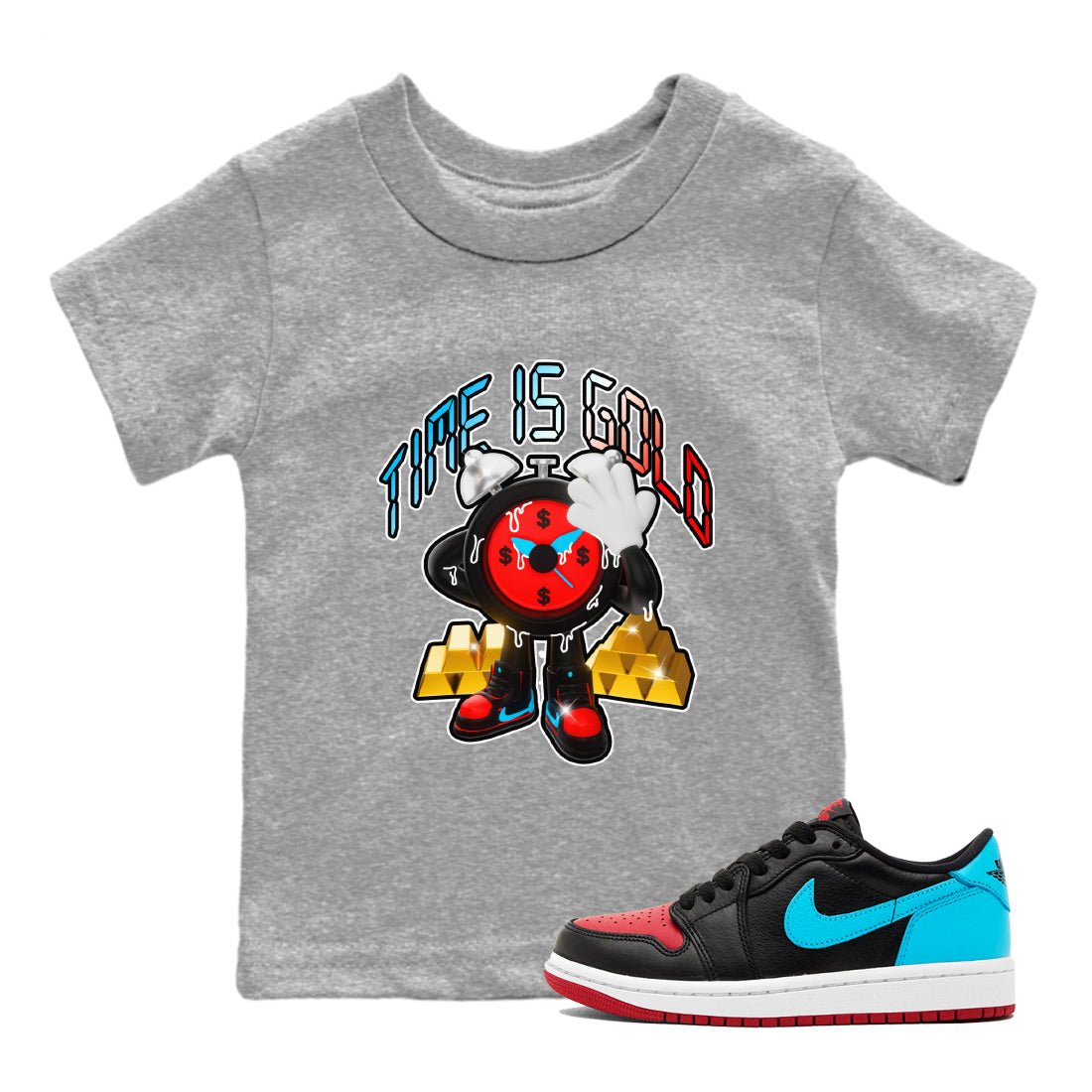 Air Jordan 1 UNC to Chicago shirt to match jordans Time Is Gold sneaker tees AJ1 UNC to Chicago SNRT Sneaker Release Tees Baby Toddler Heather Grey 1 T-Shirt
