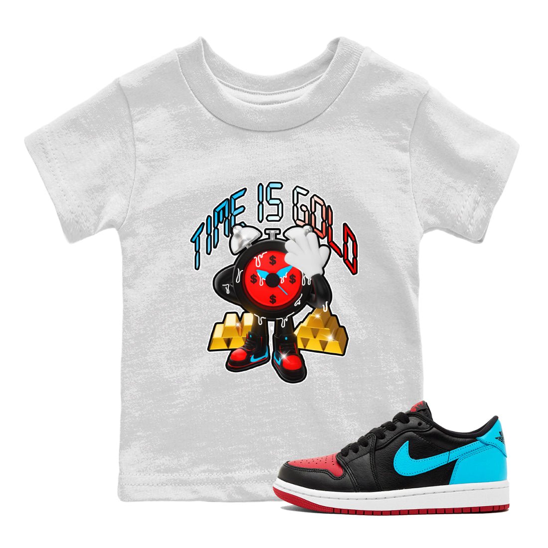 Air Jordan 1 UNC to Chicago shirt to match jordans Time Is Gold sneaker tees AJ1 UNC to Chicago SNRT Sneaker Release Tees Baby Toddler White 1 T-Shirt