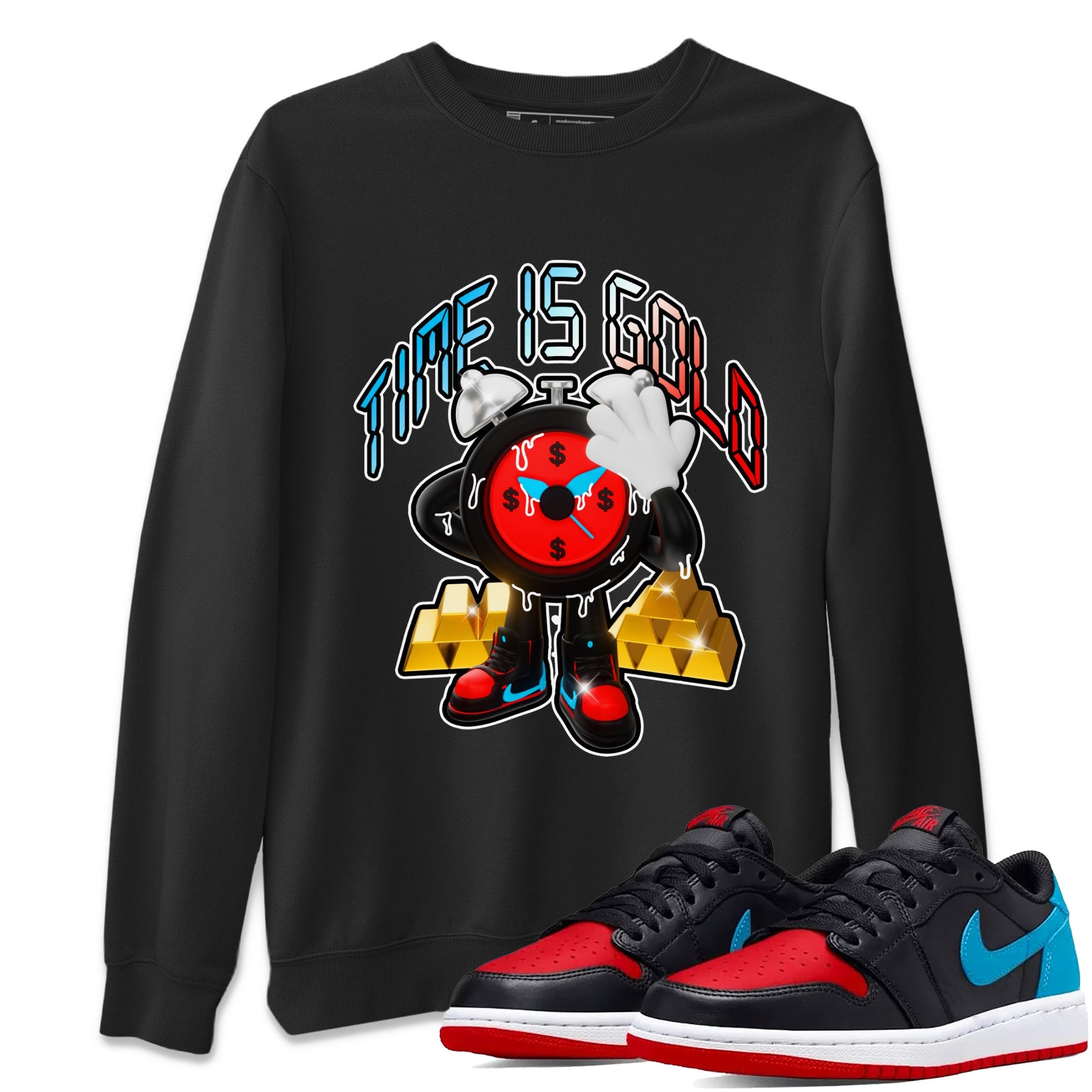 Air Jordan 1 UNC to Chicago shirt to match jordans Time Is Gold sneaker tees AJ1 UNC to Chicago SNRT Sneaker Release Tees Unisex Black 1 T-Shirt