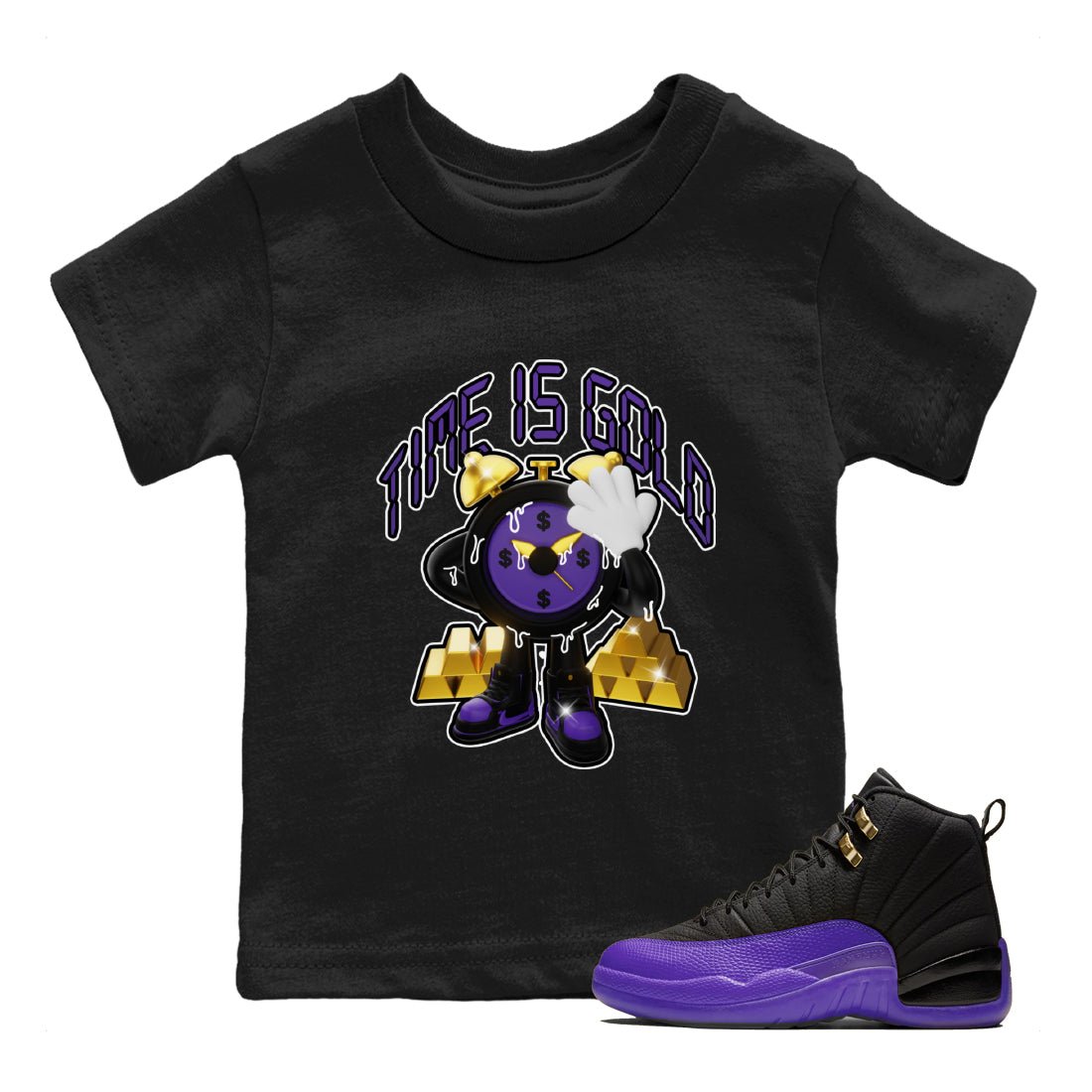 Air Jordan 12 Field Purple shirt to match jordans Time Is Gold sneaker tees AJ12 Field Purple SNRT Sneaker Release Tees Baby Toddler Black 1 T-Shirt