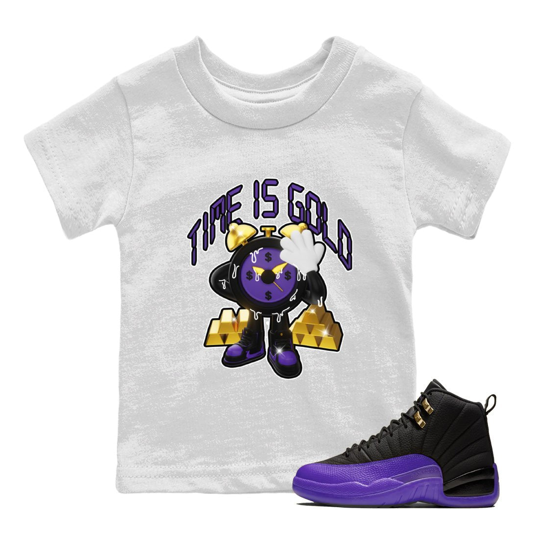 Air Jordan 12 Field Purple shirt to match jordans Time Is Gold sneaker tees AJ12 Field Purple SNRT Sneaker Release Tees Baby Toddler White 1 T-Shirt