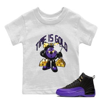 Air Jordan 12 Field Purple shirt to match jordans Time Is Gold sneaker tees AJ12 Field Purple SNRT Sneaker Release Tees Baby Toddler White 1 T-Shirt