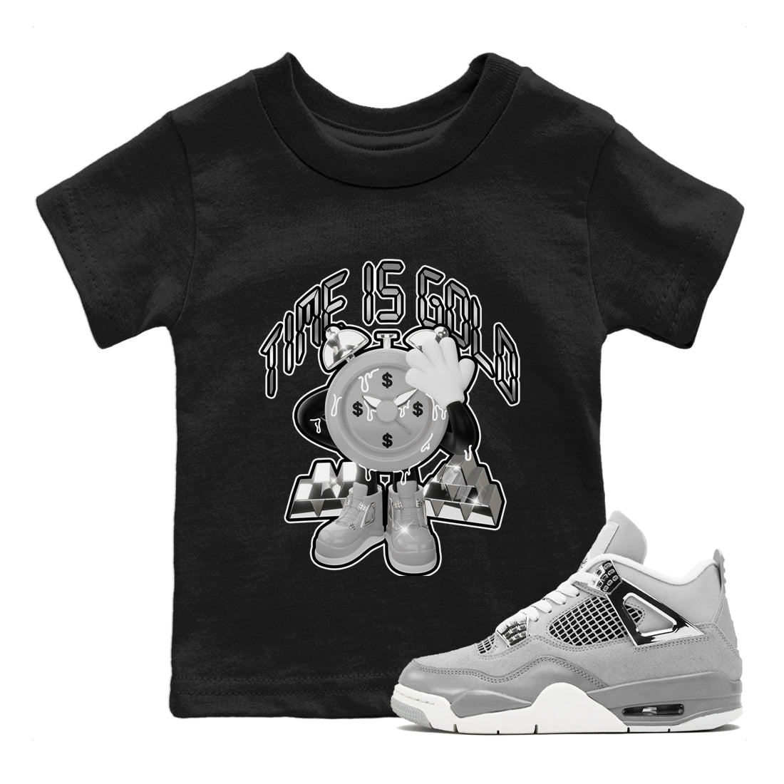 Air Jordan 4 Light Iron Ore shirt to match jordans Time Is Gold sneaker tees AJ4 Frozen Moments SNRT Sneaker Release Tees Baby Toddler Black 1 T-Shirt