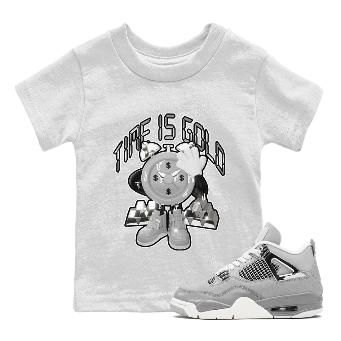 Air Jordan 4 Light Iron Ore shirt to match jordans Time Is Gold sneaker tees AJ4 Frozen Moments SNRT Sneaker Release Tees Baby Toddler White 1 T-Shirt