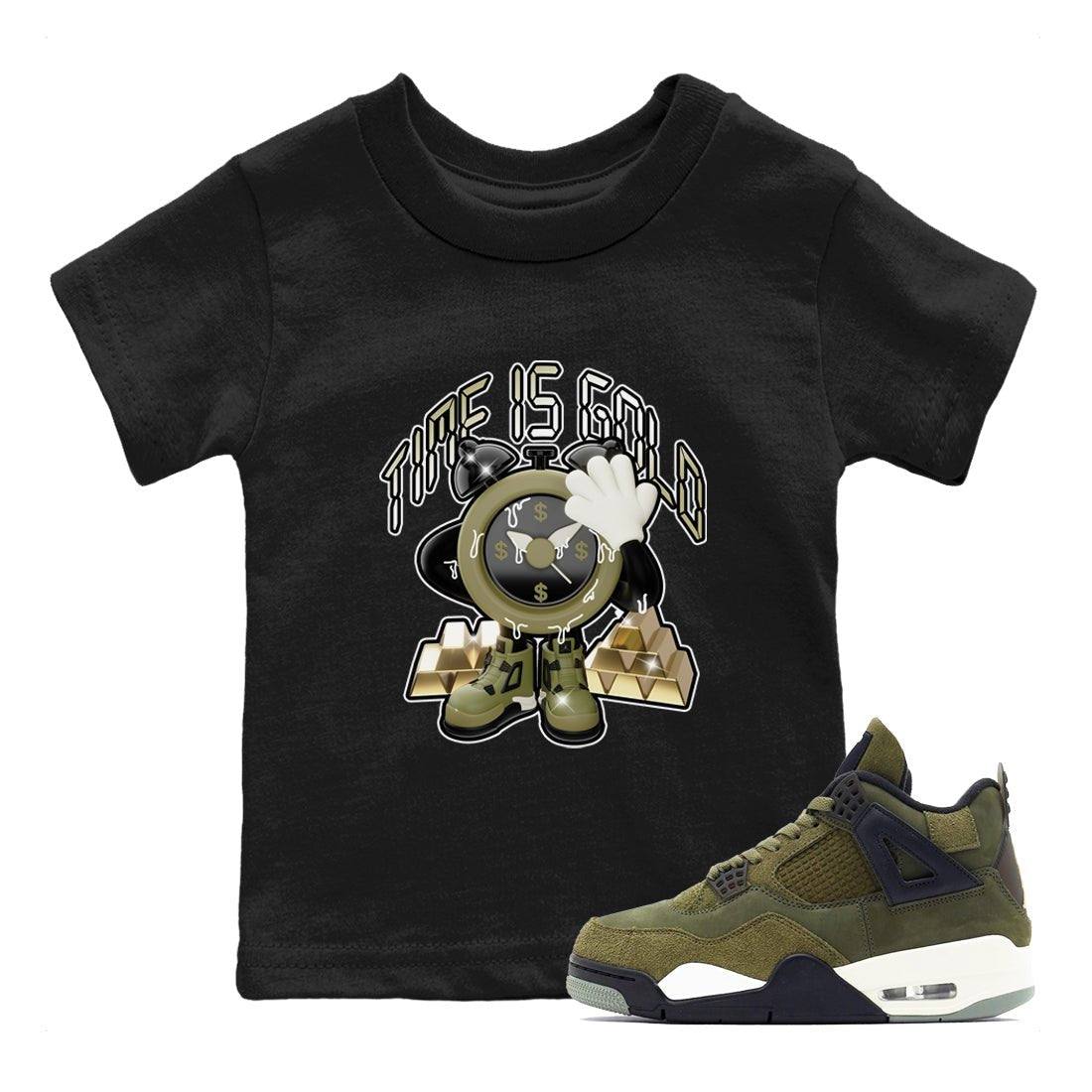 Air Jordan 4 Medium Olive shirt to match jordans Time Is Gold sneaker tees AJ4Medium Olive SNRT Sneaker Release Tees Baby Toddler Black 1 T-Shirt