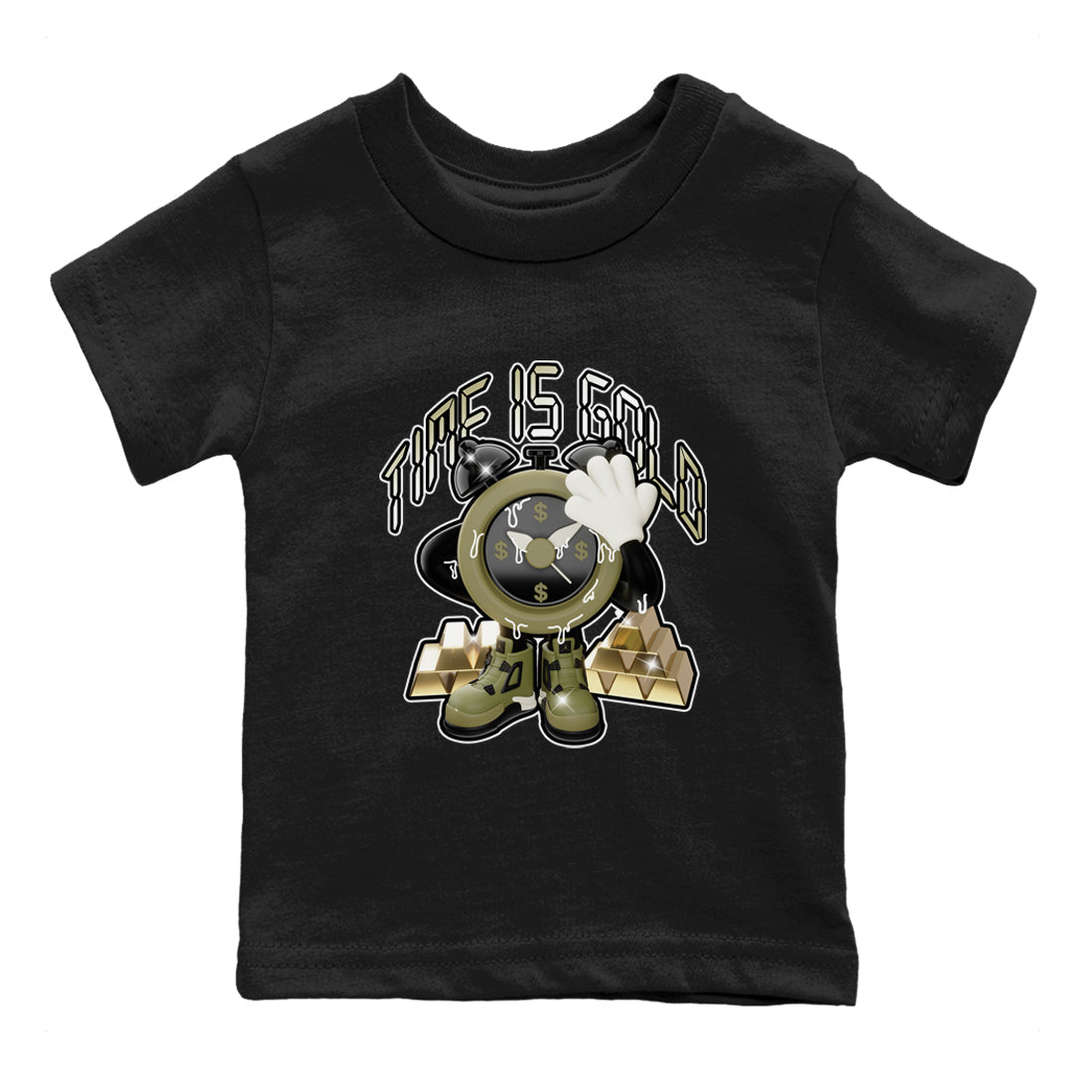 Air Jordan 4 Medium Olive shirt to match jordans Time Is Gold sneaker tees AJ4Medium Olive SNRT Sneaker Release Tees Baby Toddler Black 2 T-Shirt
