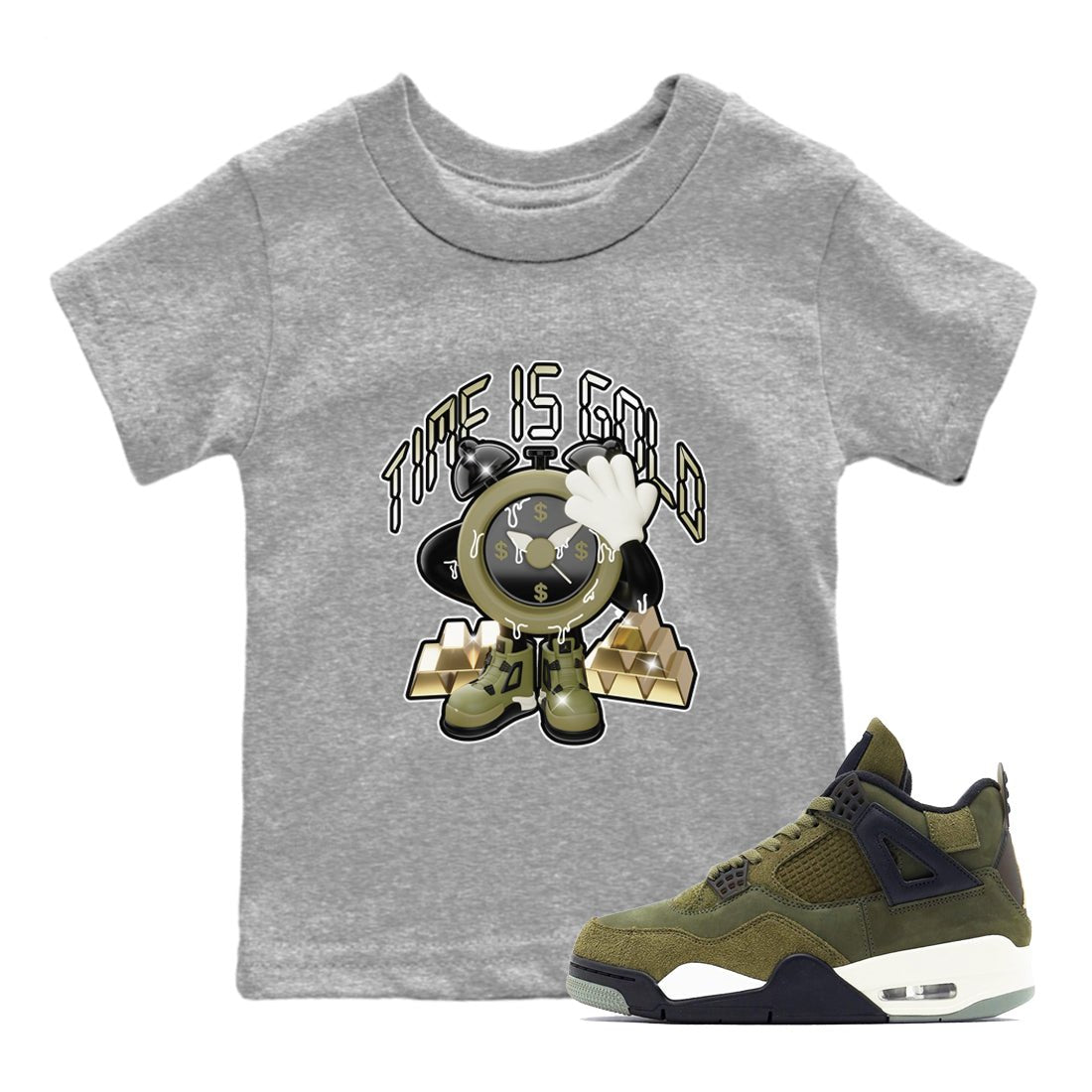 Air Jordan 4 Medium Olive shirt to match jordans Time Is Gold sneaker tees AJ4Medium Olive SNRT Sneaker Release Tees Baby Toddler Heather Grey 1 T-Shirt