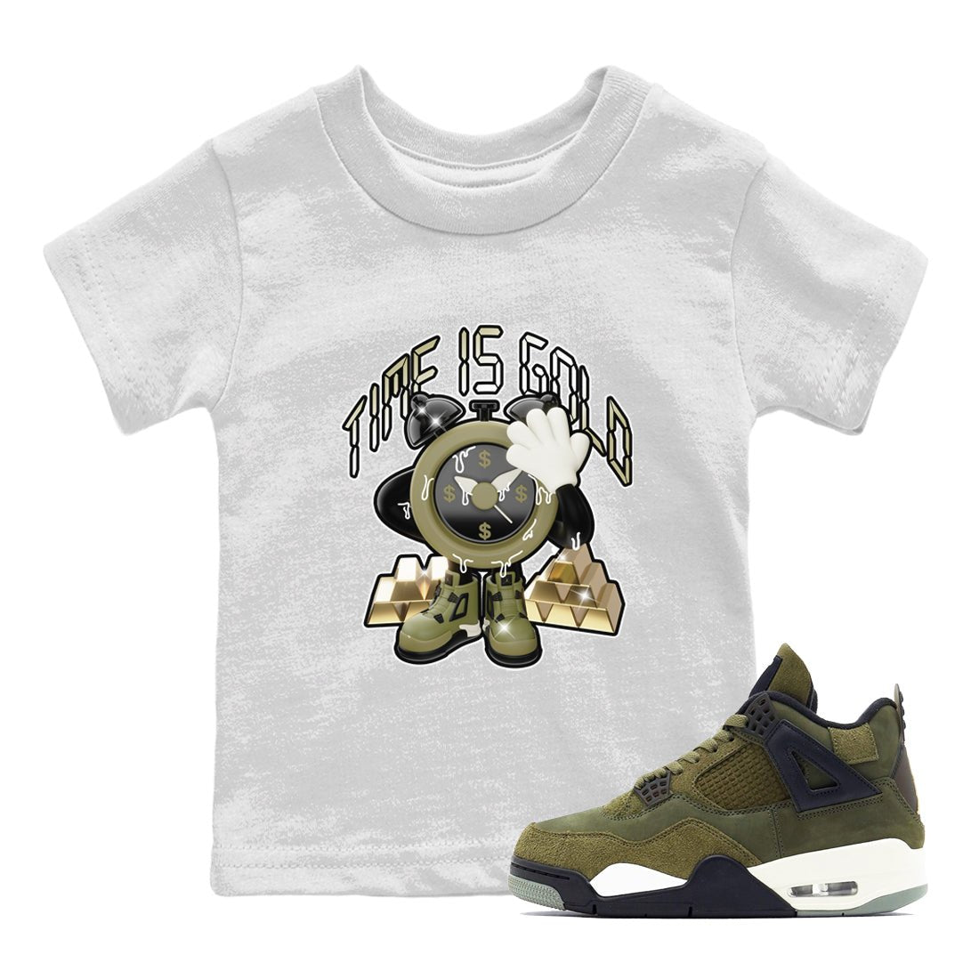 Air Jordan 4 Medium Olive shirt to match jordans Time Is Gold sneaker tees AJ4Medium Olive SNRT Sneaker Release Tees Baby Toddler White 1 T-Shirt