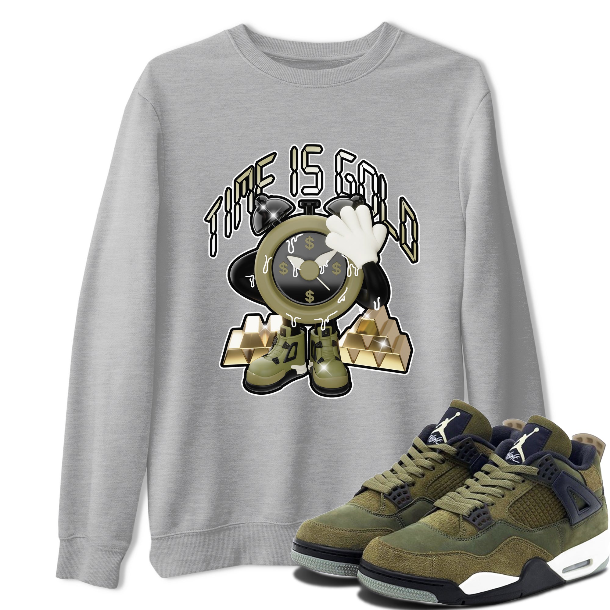 Air Jordan 4 Medium Olive shirt to match jordans Time Is Gold sneaker tees AJ4Medium Olive SNRT Sneaker Release Tees Unisex Heather Grey 1 T-Shirt