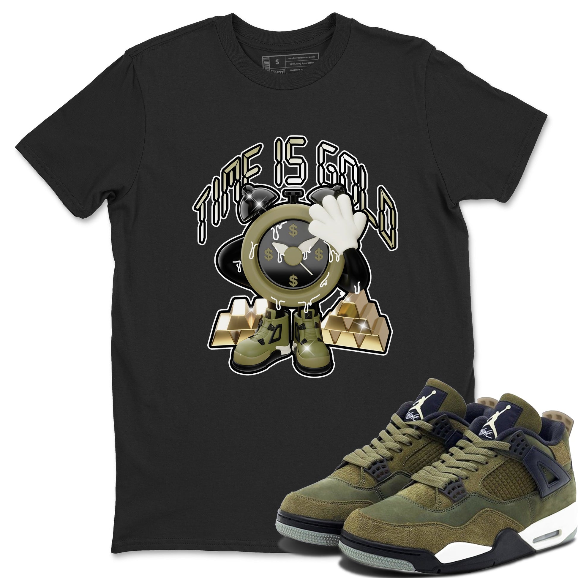 Air Jordan 4 Medium Olive shirt to match jordans Time Is Gold sneaker tees AJ4Medium Olive SNRT Sneaker Release Tees Unisex Black 1 T-Shirt