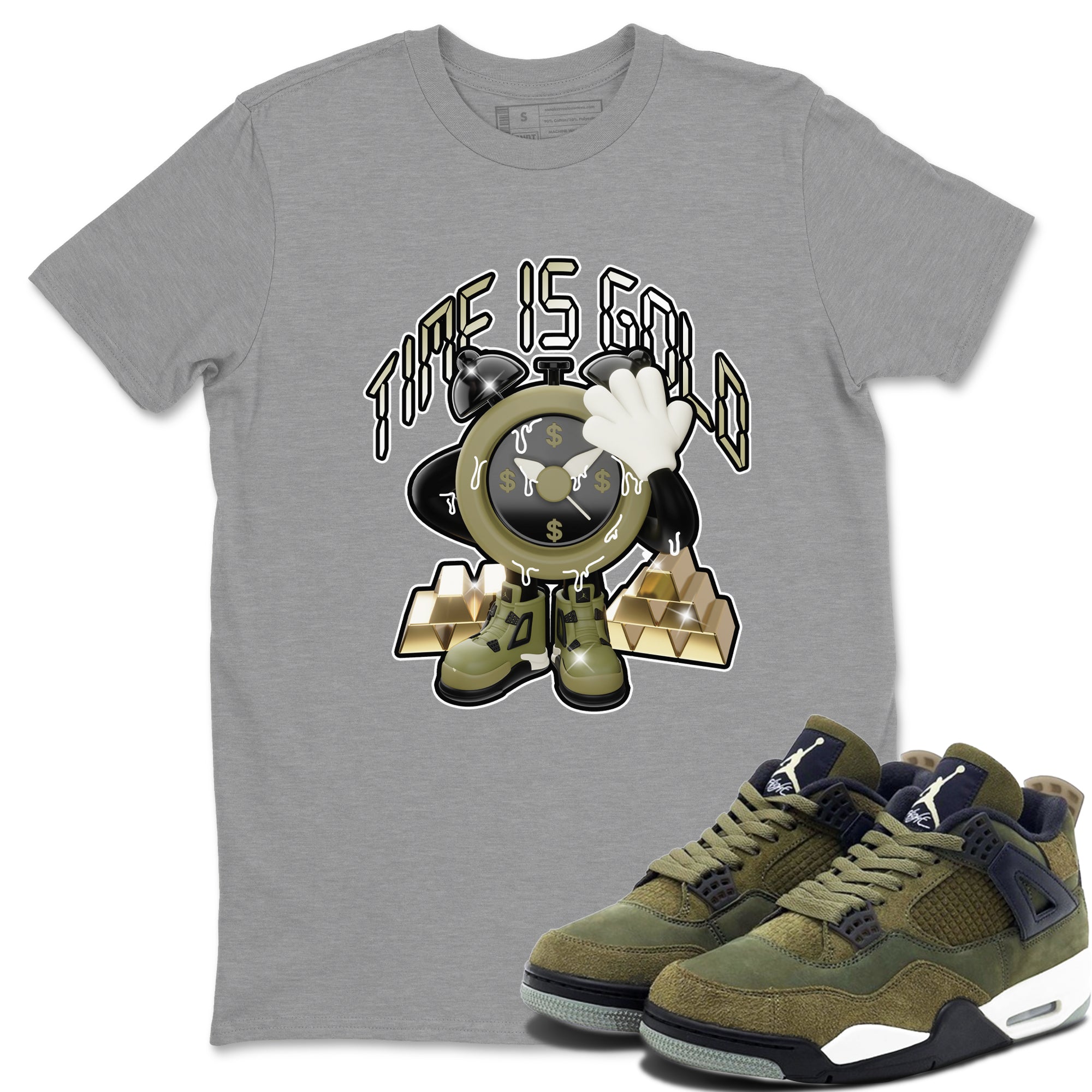 Air Jordan 4 Medium Olive shirt to match jordans Time Is Gold sneaker tees AJ4Medium Olive SNRT Sneaker Release Tees Unisex Heather Grey 1 T-Shirt