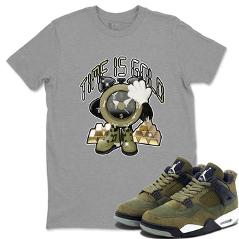 Air Jordan 4 Medium Olive shirt to match jordans Time Is Gold sneaker tees AJ4Medium Olive SNRT Sneaker Release Tees Unisex Heather Grey 1 T-Shirt
