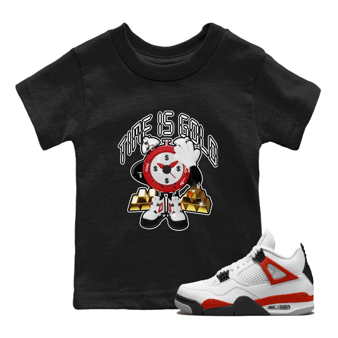 Air Jordan 4 Red Cement shirt to match jordans Time Is Gold sneaker tees AJ4 Red Cement SNRT Sneaker Release Tees Baby Toddler Black 1 T-Shirt