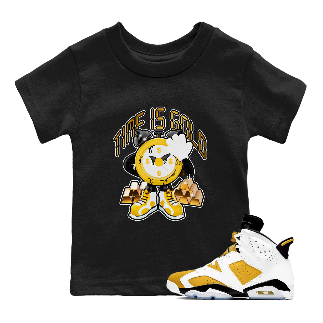 6s Yellow Ochre shirt to match jordans Time Is Gold sneaker tees Air Jordan 6 Yellow Ochre SNRT Sneaker Release Tees Baby Toddler Black 1 T-Shirt