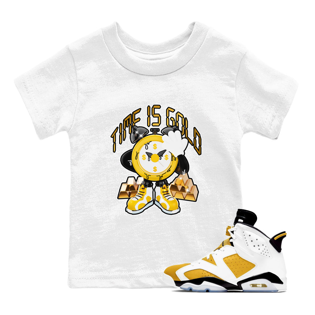 6s Yellow Ochre shirt to match jordans Time Is Gold sneaker tees Air Jordan 6 Yellow Ochre SNRT Sneaker Release Tees Baby Toddler White 1 T-Shirt