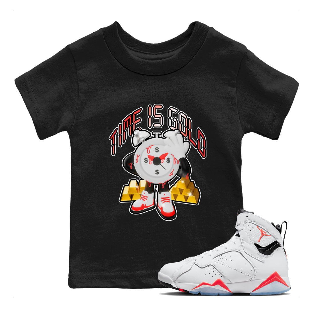 Air Jordan 7 White Infrared shirt to match jordans Time Is Gold sneaker tees AJ7 White Infrared SNRT Sneaker Release Tees Baby Toddler Black 1 T-Shirt