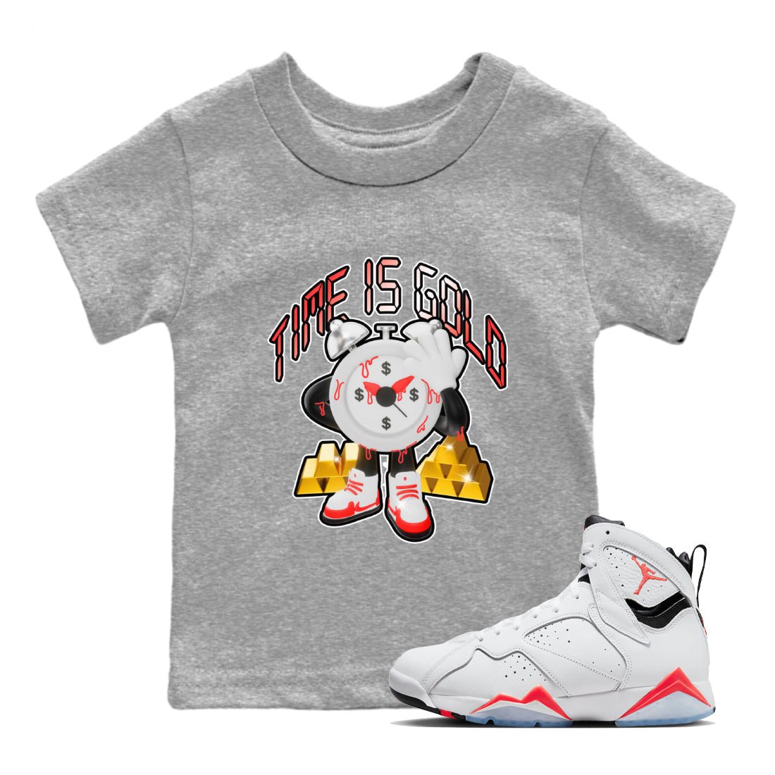 Air Jordan 7 White Infrared shirt to match jordans Time Is Gold sneaker tees AJ7 White Infrared SNRT Sneaker Release Tees Baby Toddler Heather Grey 1 T-Shirt