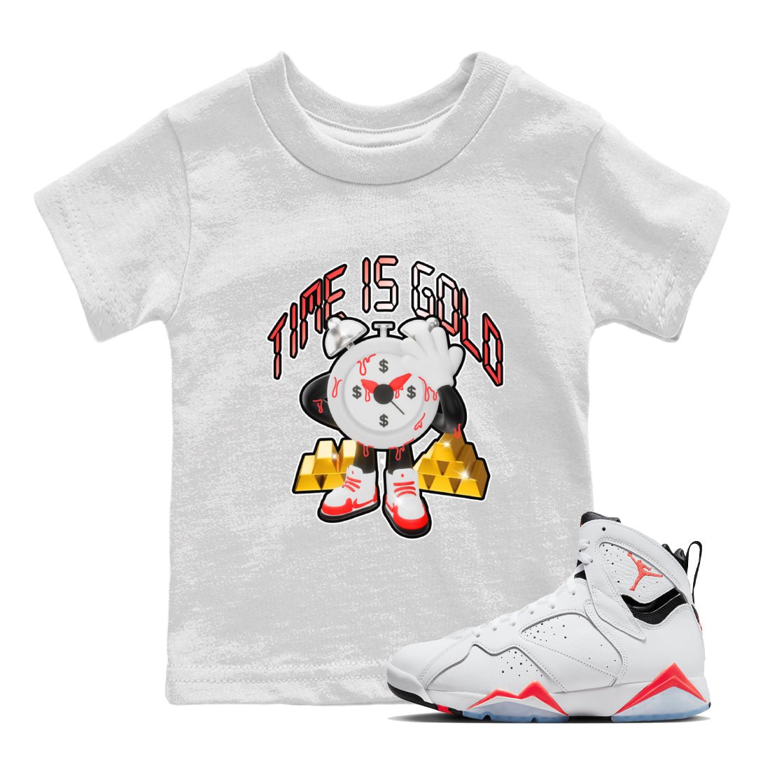 Air Jordan 7 White Infrared shirt to match jordans Time Is Gold sneaker tees AJ7 White Infrared SNRT Sneaker Release Tees Baby Toddler White 1 T-Shirt