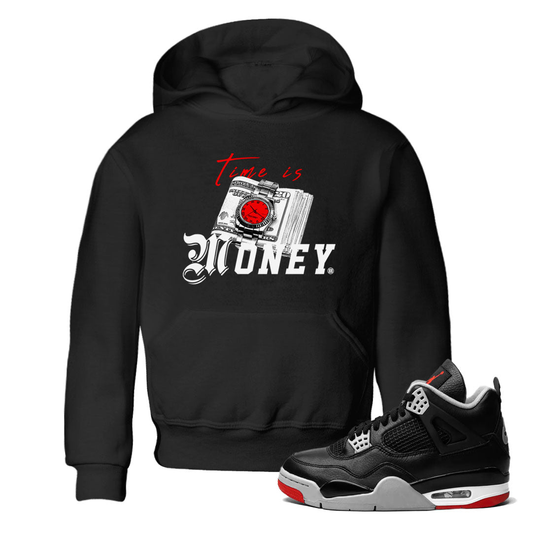 Time Is Money sneaker match tees to Air Jordan 4 Bred Reimagined street fashion brand for shirts to match Jordans SNRT Sneaker Tees Air Jordan 4 Bred Reimagined unisex t-shirt Black 1 youth shirt