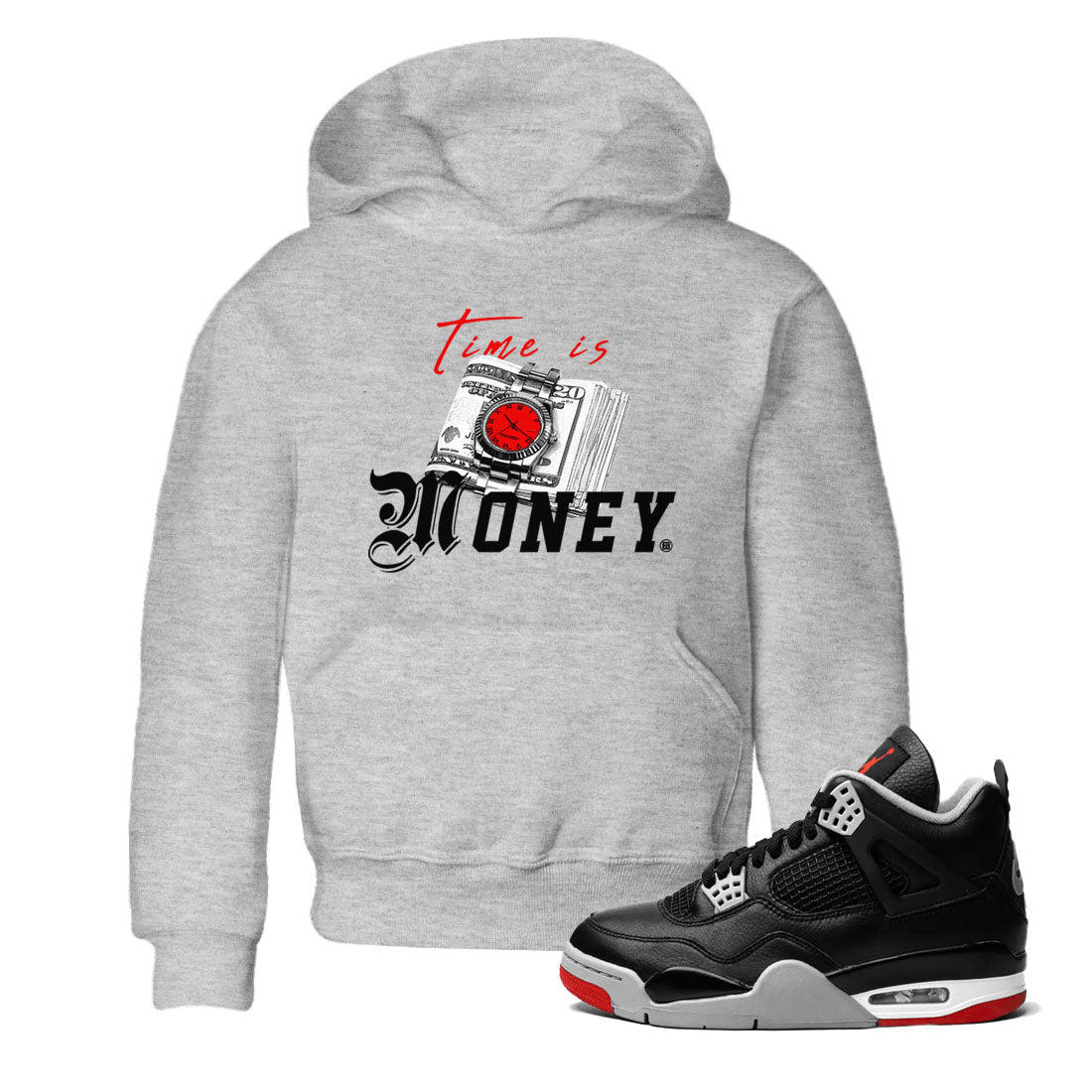 Time Is Money sneaker match tees to Air Jordan 4 Bred Reimagined street fashion brand for shirts to match Jordans SNRT Sneaker Tees Air Jordan 4 Bred Reimagined unisex t-shirt Heather Grey 1 youth shirt