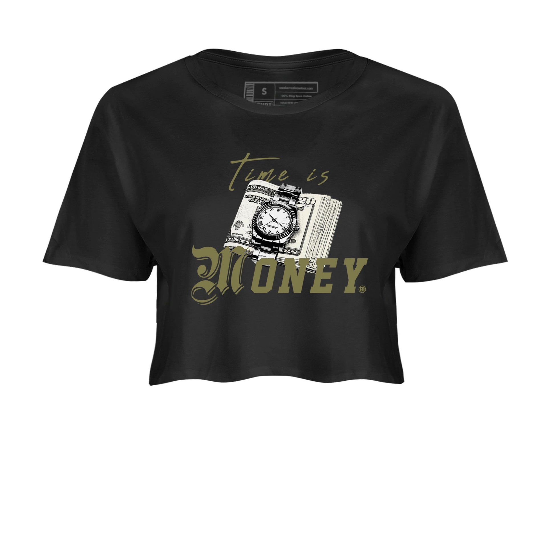 AJ4 Medium Olive shirt to match jordans Time Is Money sneaker tees Air Jordan 4 Medium Olive SNRT Sneaker Release Tees Black 2 Crop T-Shirt
