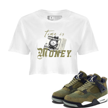 AJ4 Medium Olive shirt to match jordans Time Is Money sneaker tees Air Jordan 4 Medium Olive SNRT Sneaker Release Tees White 1 Crop T-Shirt