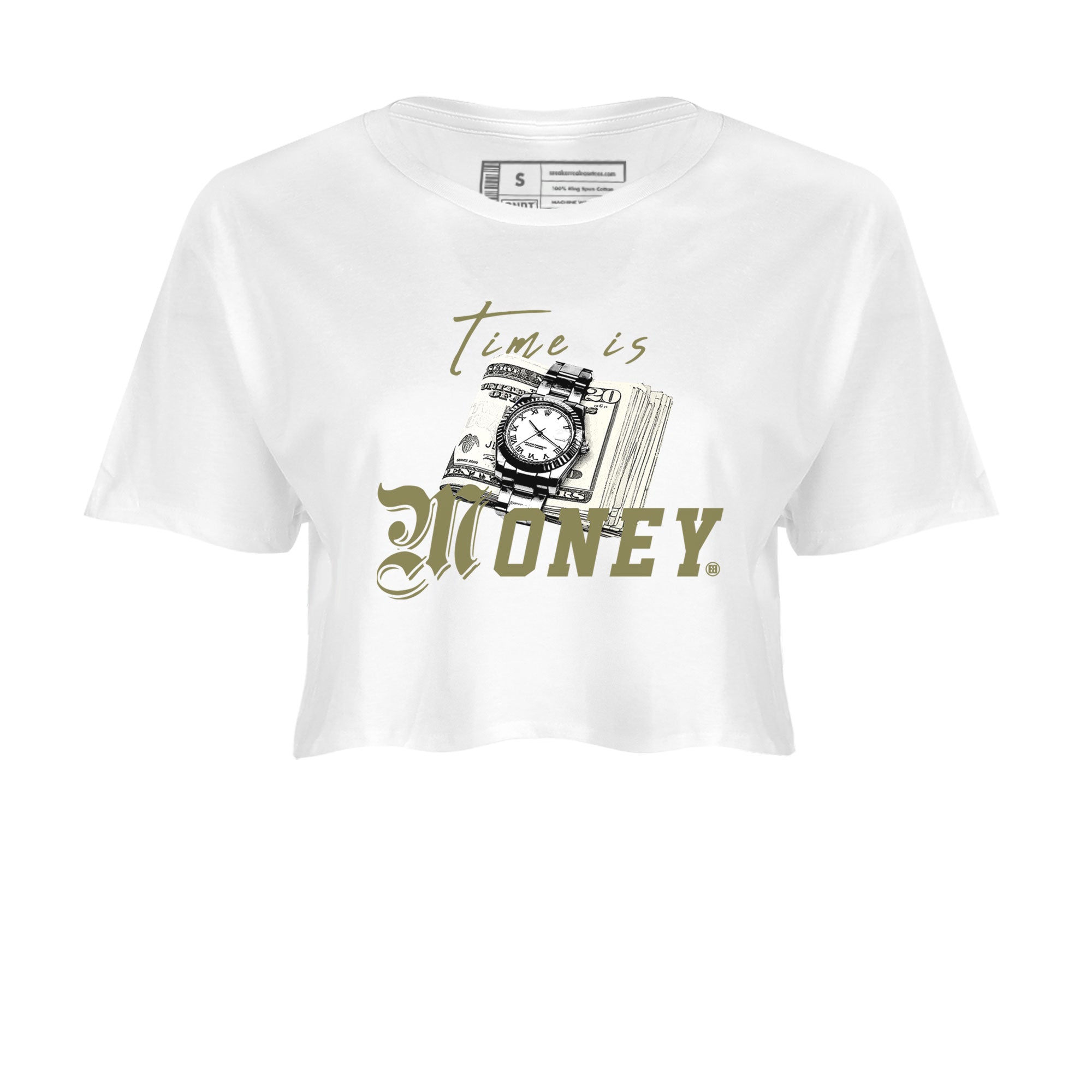 AJ4 Medium Olive shirt to match jordans Time Is Money sneaker tees Air Jordan 4 Medium Olive SNRT Sneaker Release Tees White 2 Crop T-Shirt