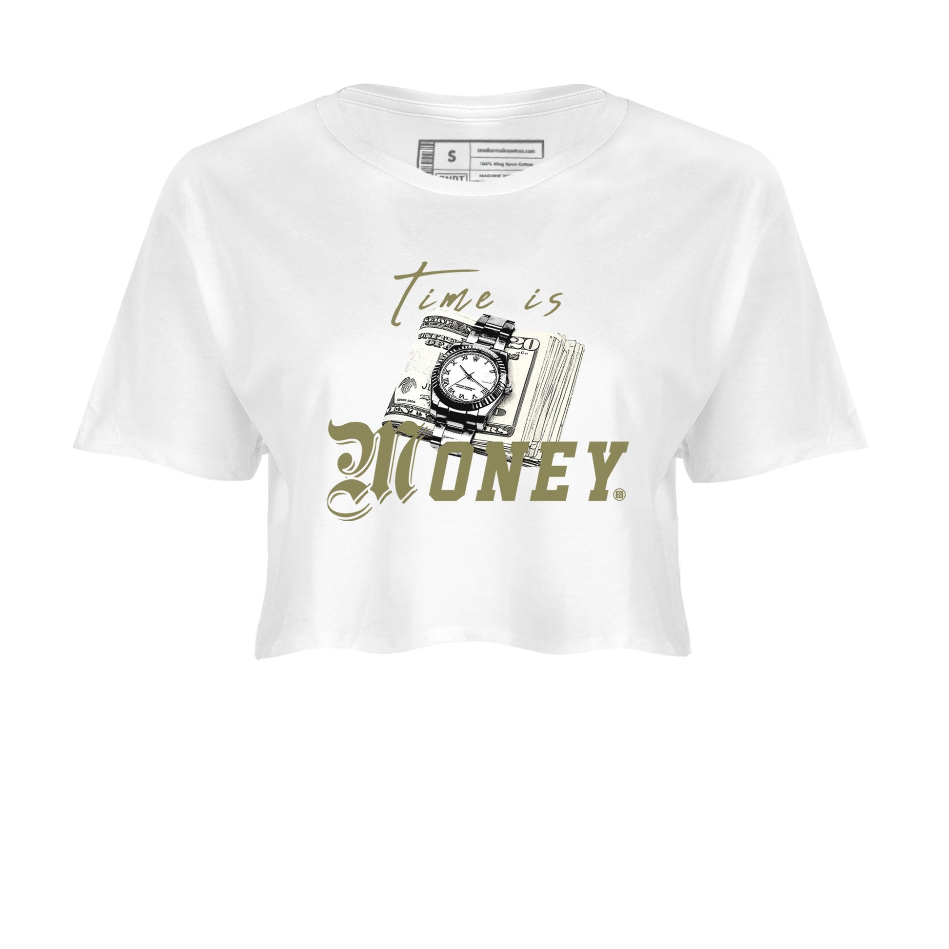 AJ4 Medium Olive shirt to match jordans Time Is Money sneaker tees Air Jordan 4 Medium Olive SNRT Sneaker Release Tees White 2 Crop T-Shirt