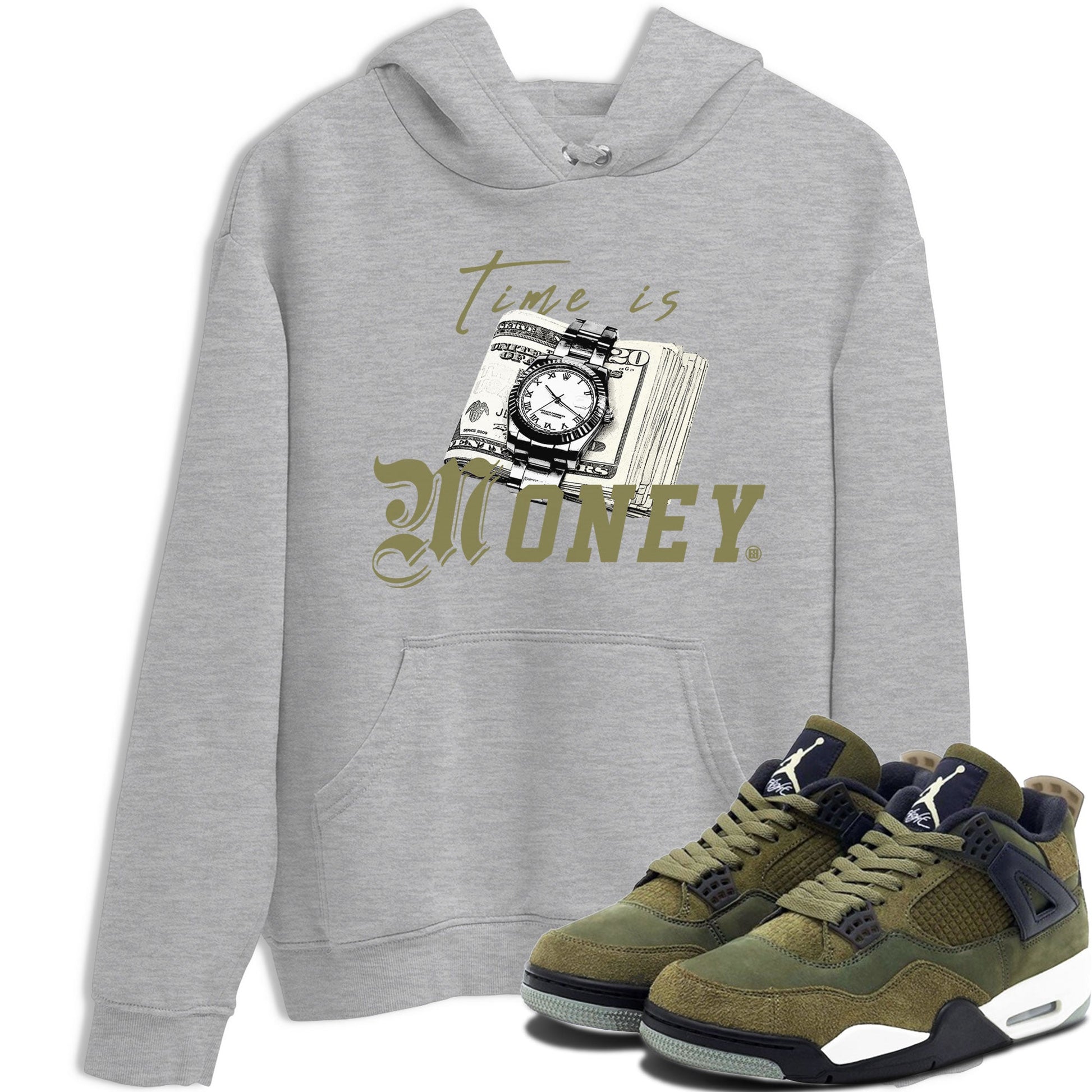 AJ4 Medium Olive shirt to match jordans Time Is Money sneaker tees Air Jordan 4 Medium Olive SNRT Sneaker Release Tees Unisex Heather Grey 1 T-Shirt