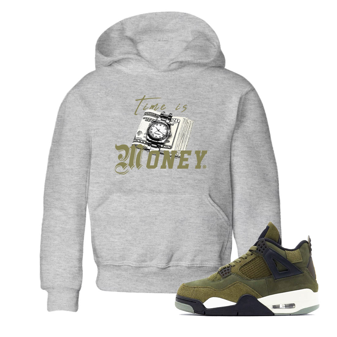 AJ4 Medium Olive shirt to match jordans Time Is Money sneaker tees Air Jordan 4 Retro Medium Olive SNRT Sneaker Release Tees Baby Toddler Heather Grey 1 T-Shirt