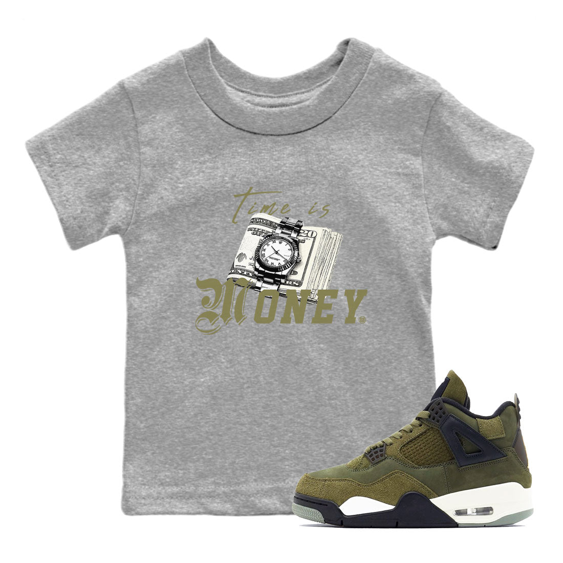 AJ4 Medium Olive shirt to match jordans Time Is Money sneaker tees Air Jordan 4 Retro Medium Olive SNRT Sneaker Release Tees Baby Toddler Heather Grey 1 T-Shirt