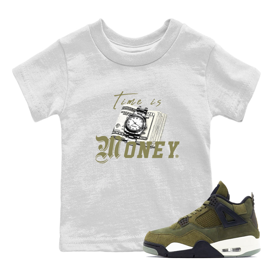 AJ4 Medium Olive shirt to match jordans Time Is Money sneaker tees Air Jordan 4 Retro Medium Olive SNRT Sneaker Release Tees Baby Toddler White 1 T-Shirt