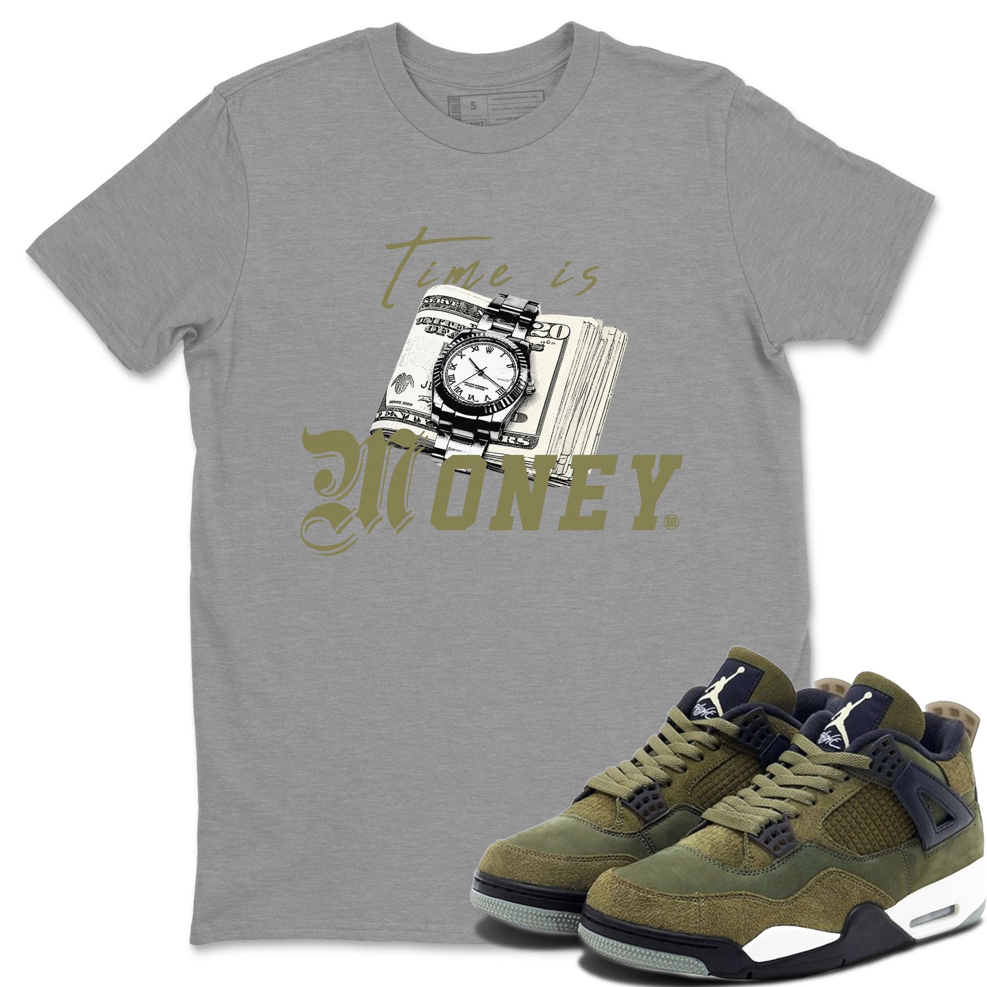 AJ4 Medium Olive shirt to match jordans Time Is Money sneaker tees Air Jordan 4 Medium Olive SNRT Sneaker Release Tees Unisex Heather Grey 1 T-Shirt