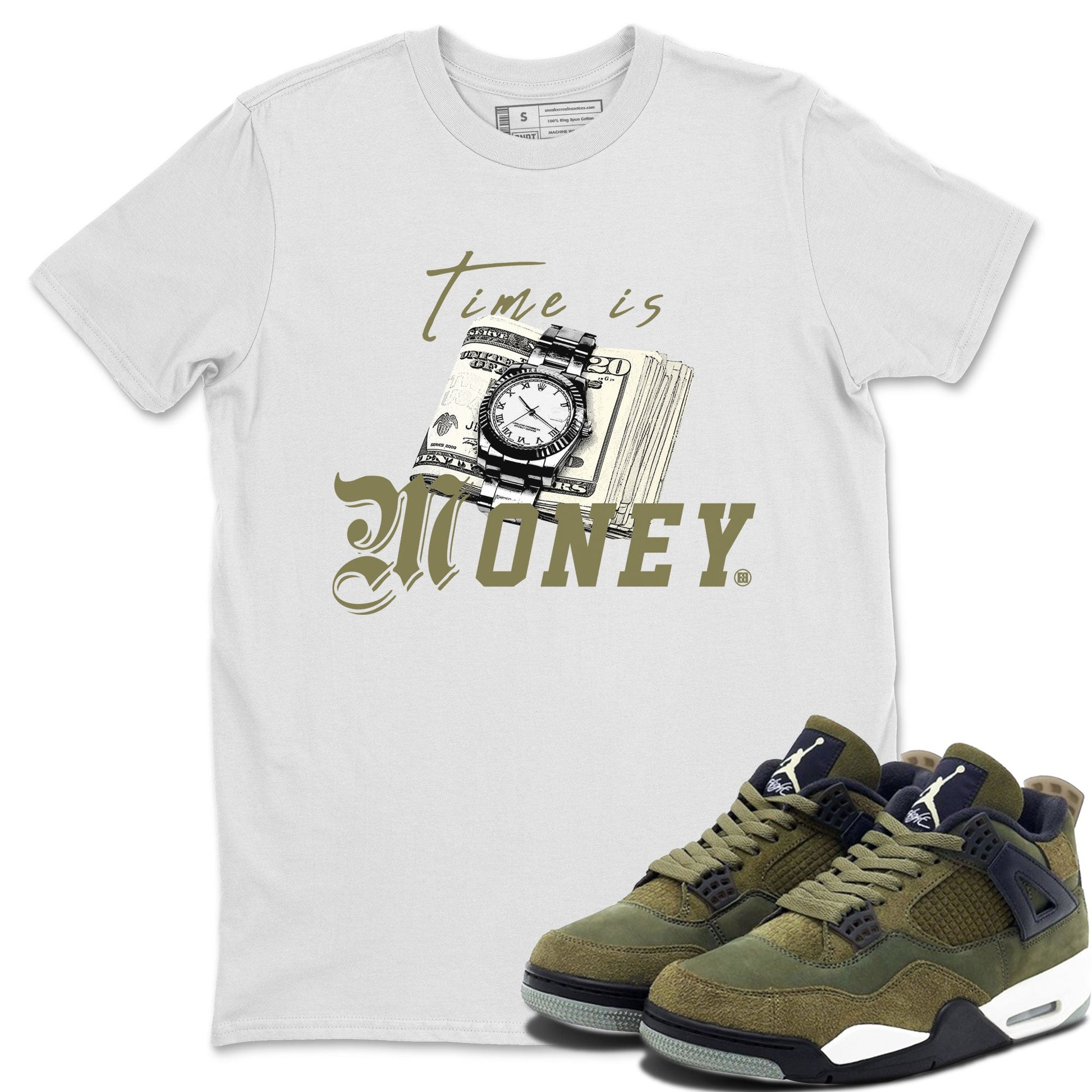 AJ4 Medium Olive shirt to match jordans Time Is Money sneaker tees Air Jordan 4 Medium Olive SNRT Sneaker Release Tees Unisex White 1 T-Shirt