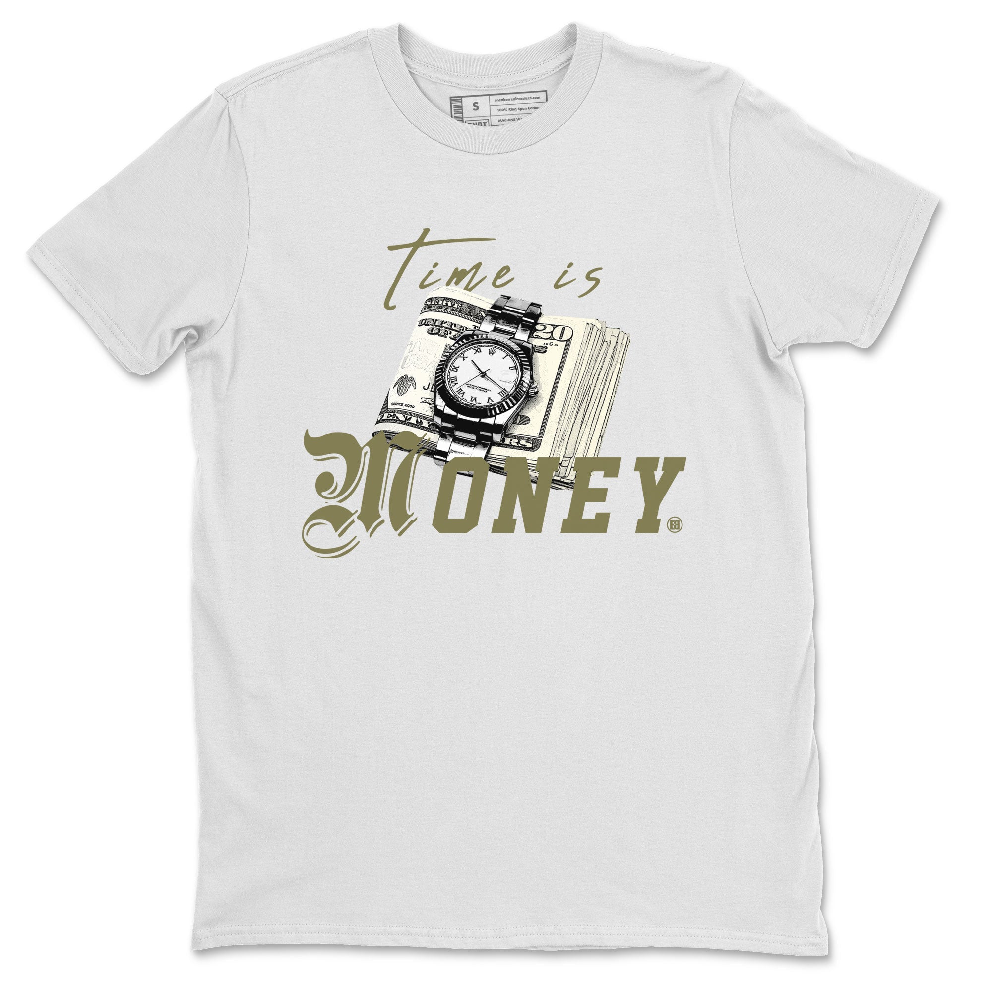 AJ4 Medium Olive shirt to match jordans Time Is Money sneaker tees Air Jordan 4 Medium Olive SNRT Sneaker Release Tees Unisex White 2 T-Shirt