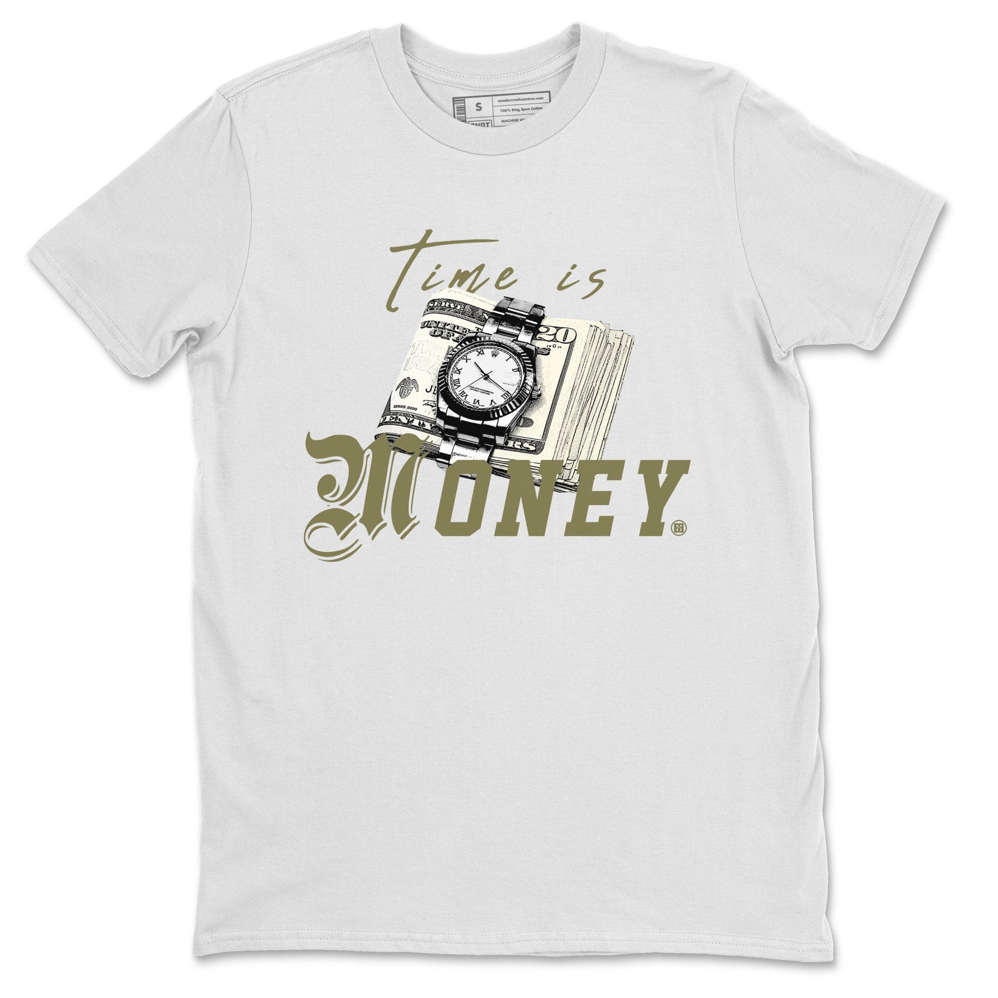 AJ4 Medium Olive shirt to match jordans Time Is Money sneaker tees Air Jordan 4 Medium Olive SNRT Sneaker Release Tees Unisex White 2 T-Shirt