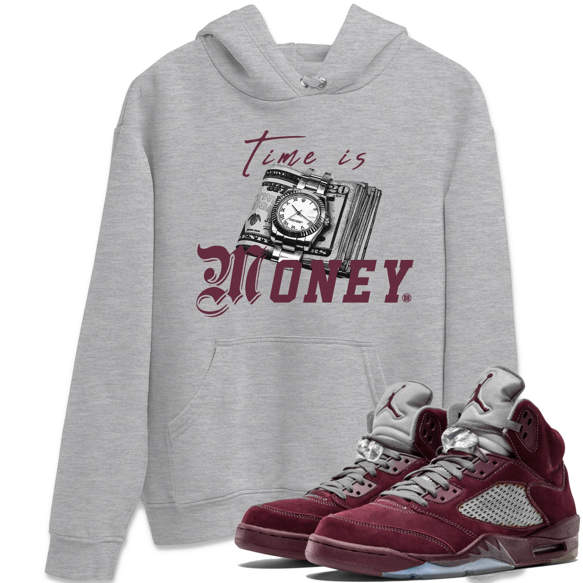 Air Jordan 5 Burgundy Sneaker Match Tees Time Is Money Sneaker T-Shirt AJ5 Burgundy Sneaker Release Tees Unisex Shirts Heather Grey 1