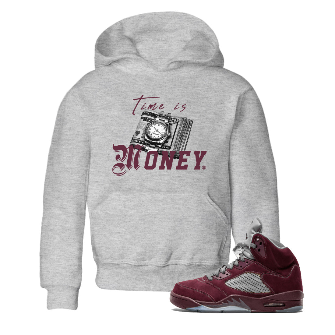 Air Jordan 5 Burgundy Sneaker Match Tees Time Is Money Sneaker T-Shirt AJ5 Burgundy Sneaker Release Tees Kids Shirts Heather Grey 1