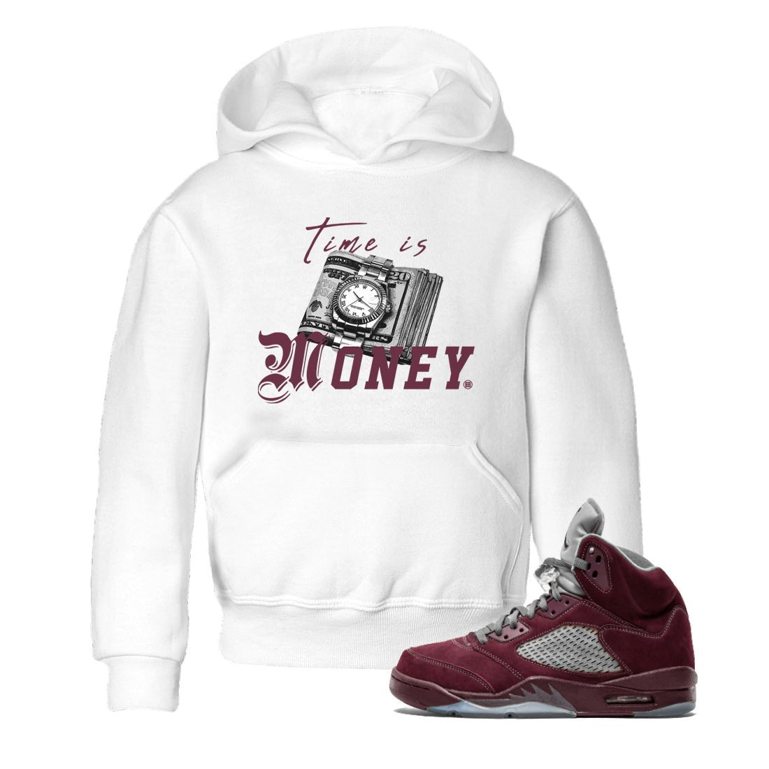 Air Jordan 5 Burgundy Sneaker Match Tees Time Is Money Sneaker T-Shirt AJ5 Burgundy Sneaker Release Tees Kids Shirts White 1