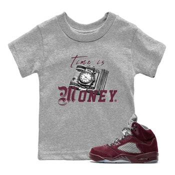 Air Jordan 5 Burgundy Sneaker Match Tees Time Is Money Sneaker T-Shirt AJ5 Burgundy Sneaker Release Tees Kids Shirts Heather Grey 1