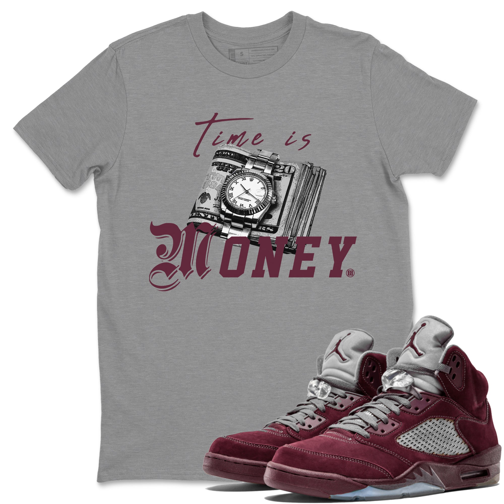 Air Jordan 5 Burgundy Sneaker Match Tees Time Is Money Sneaker T-Shirt AJ5 Burgundy Sneaker Release Tees Unisex Shirts Heather Grey 1