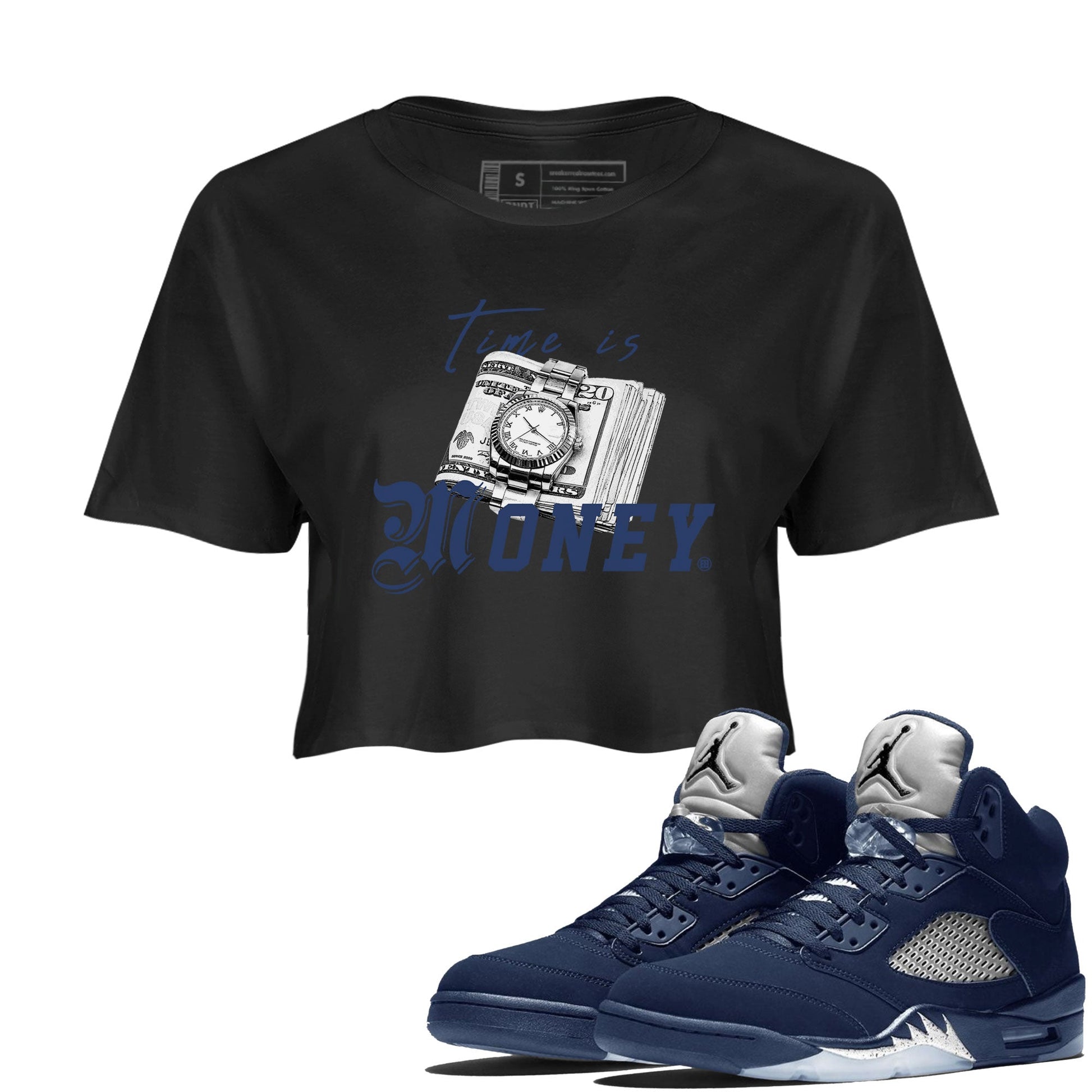 Jordan 5 Retro Midnight Navy shirt to match jordans Time Is Money sneaker tees Air Jordan 5 Georgetown SNRT Sneaker Release Tees Black 1 Crop T-Shirt