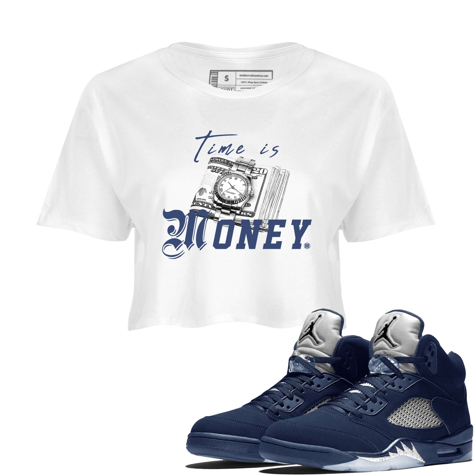 Jordan 5 Retro Midnight Navy shirt to match jordans Time Is Money sneaker tees Air Jordan 5 Georgetown SNRT Sneaker Release Tees White 1 Crop T-Shirt
