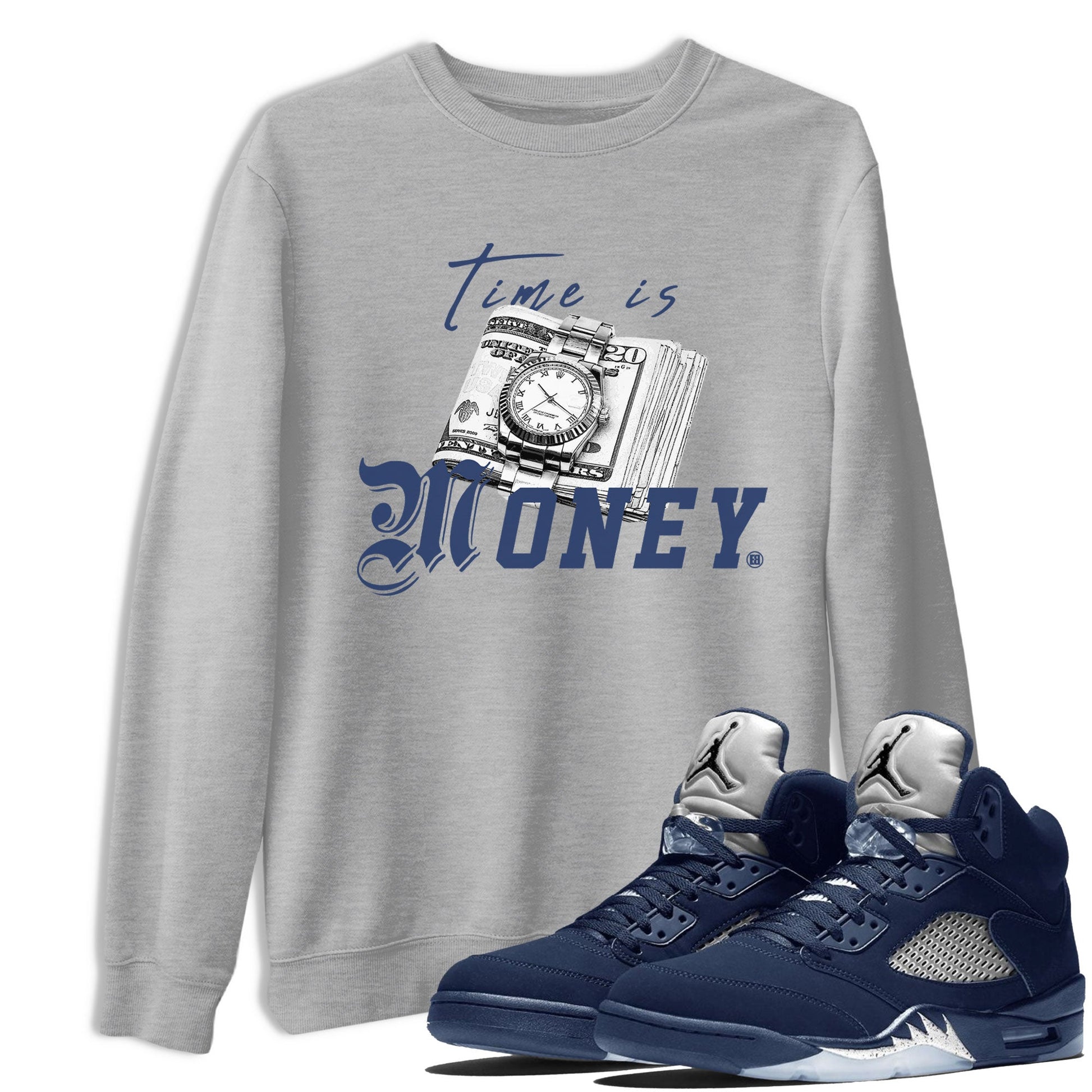 Jordan 5 Retro Midnight Navy shirt to match jordans Time Is Money sneaker tees Air Jordan 5 Georgetown SNRT Sneaker Release Tees Unisex Heather Grey 1 T-Shirt